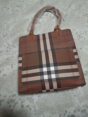 Brown Plaid Messenger Bag with Front Slip Pocket